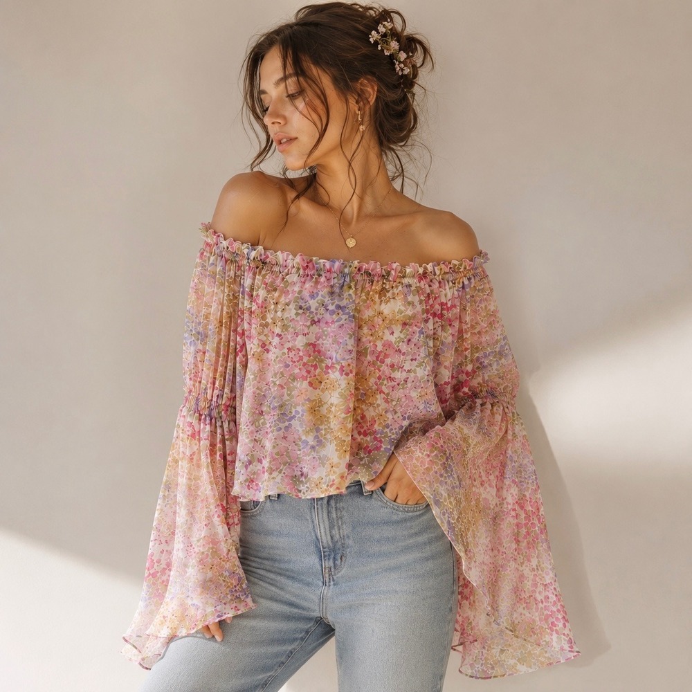 Live 4 Truth Floral Chiffon Crop Top Bell Sleeve Off Shoulder Fairycore Boho L